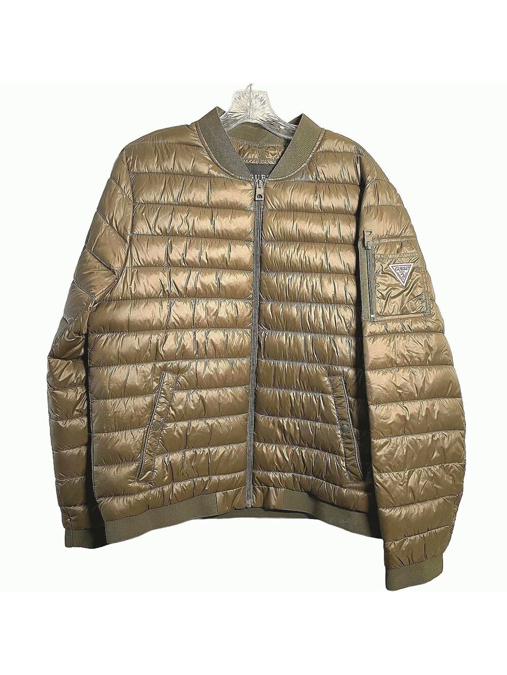 Men's Guess Lightweight Puffer Bomber Jacket Insulated Nylon Copper Green Size L